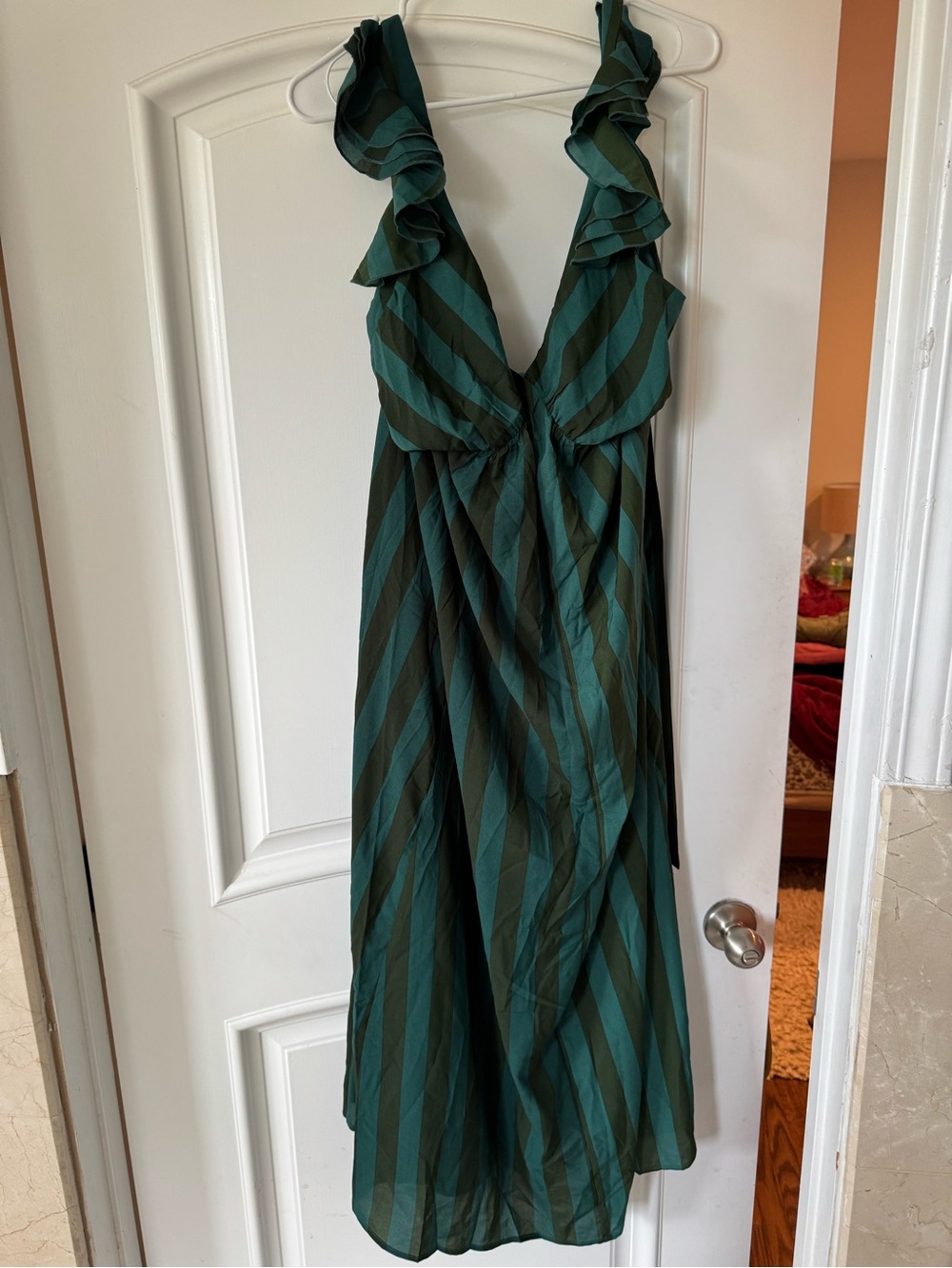 “Bump friendly” Petal & Pup Green Striped Ruffle-Shoulder Midi Dress